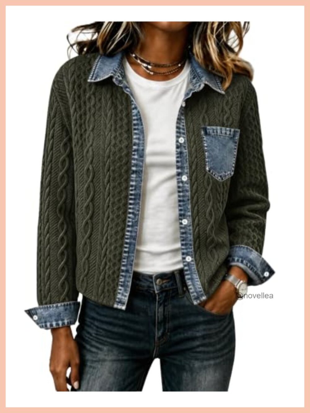 Womens Cropped Denim Bomber Jacket Cable Knit Shacket Button Up